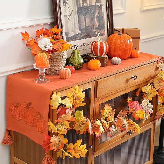 Breling Thanksgiving Pumpkin Table Runner Jacquard Fall Pumpkin Thanksgiving Dinner Table Runner Autumn Harvest Decoration for Kitchen Dining Home Dinner Party 13x72 Inch(Rust)