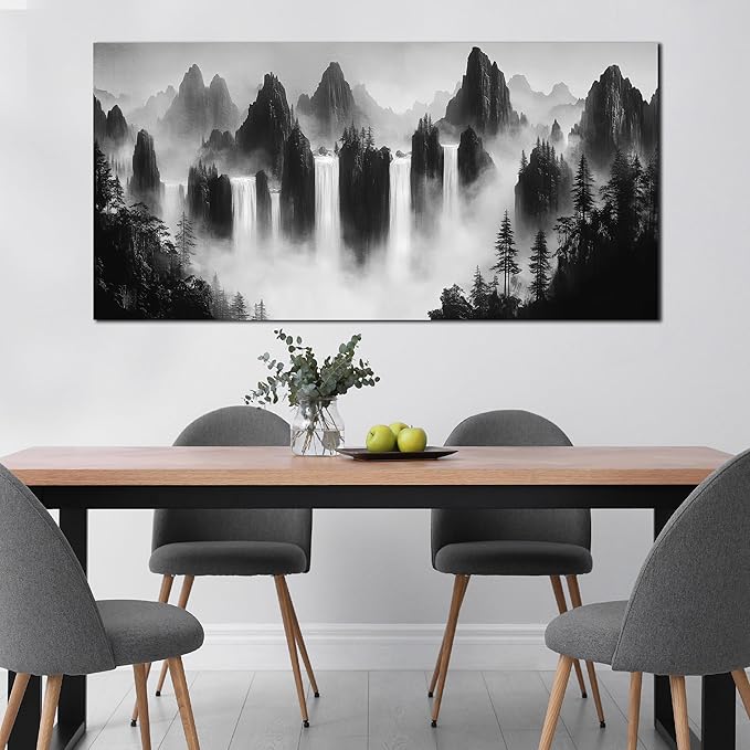 Mountain Canvas Wall Art for Living Room Large Size Black and White Pictures for Wall Waterfalls Wall Art for Office 29 x 58 Inches