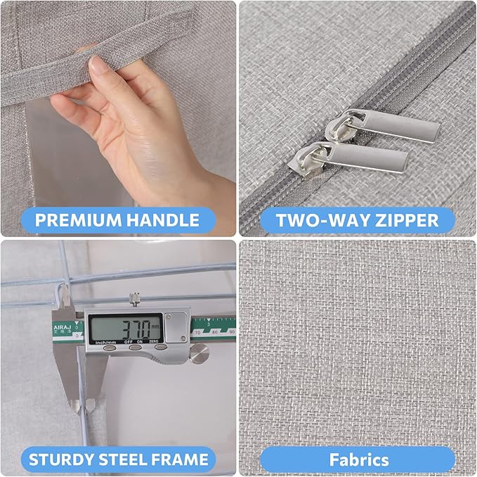 3Pack Foldable Storage Bins - Frame Storage Box Linen Fabric Stackable Clothes Container Organizer with Clear Window & Carry Handles Large Capacity (Large-66L, Light Grey)