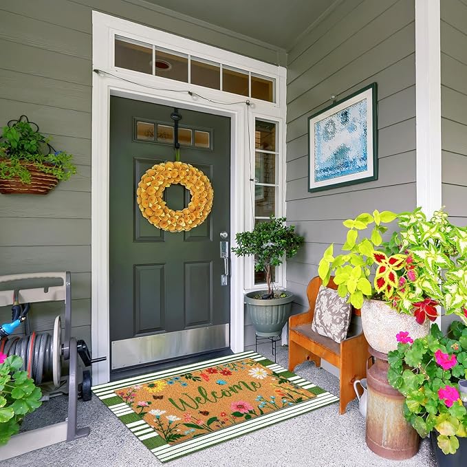 2 Pcs Floral Welcome Doormat Flower Outdoor Welcome Mats for Front Door Non Slip Wildflower Coir Floor Mat Green White Stripe Layering Rug for Outside Front Porch Entryway Decor