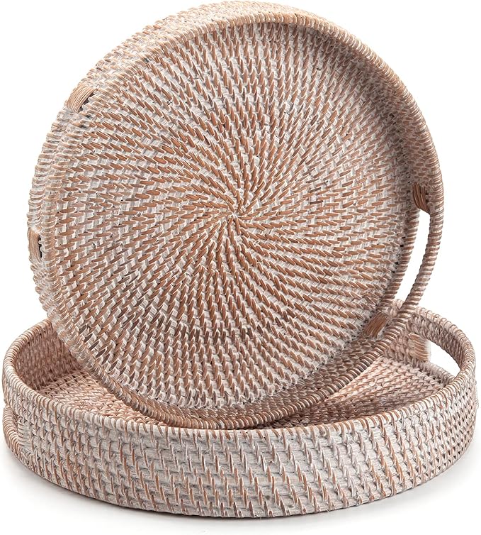 Round Rattan Serving Tray Decorative Woven Ottoman Trays with Handles for Coffee Table White (Small 11.8 inch x 2.4 inch)
