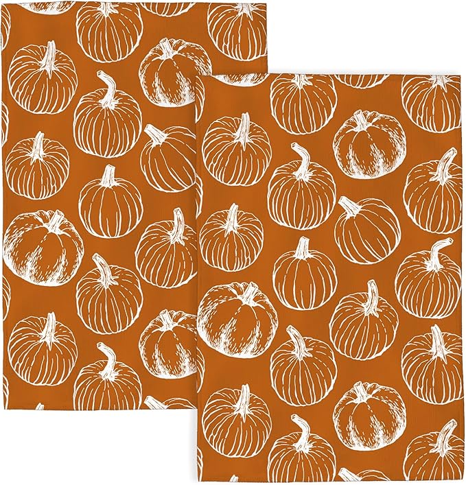 Fall Kitchen Towels 16x24 Inch Burnt Orange Pumpkin Decor Dish Towels Autumn Harvest Thanksgiving Seasonal Decoration Hand Towel Absorbent Dish Cloths for Home Kitchen Dining Set of 2