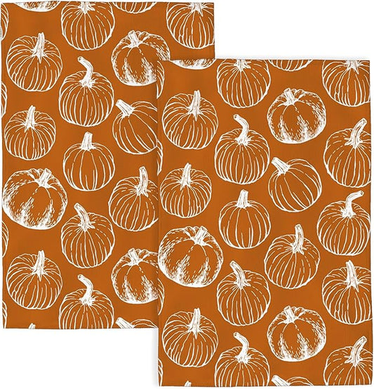 Fall Kitchen Towels 16x24 Inch Burnt Orange Pumpkin Decor Dish Towels Autumn Harvest Thanksgiving Seasonal Decoration Hand Towel Absorbent Dish Cloths for Home Kitchen Dining Set of 2
