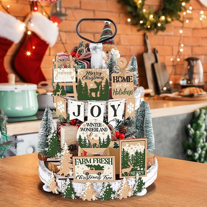 17 Pcs Christmas Tiered Tray Decor Set Winter Tiered Tray Decorations Farmhouse Tabletop Centerpiece Christmas Wooden 3D Sign for Xmas Home Buffalo Plaid Rustic Table Decoration(Forest)