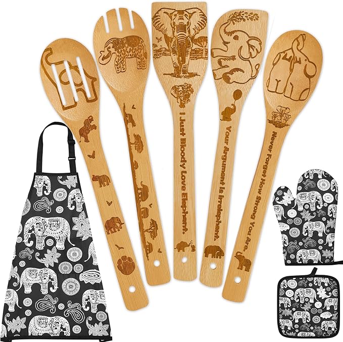 Elephant Gifts for Women,8pcs Elephants Bamboo Cooking Utensil Spoons with Apron Oven Mitt Potholder,Personalized Elefante Gift for Mom,Housewarming Kitchen Decor,Birthday Gifts (Black)