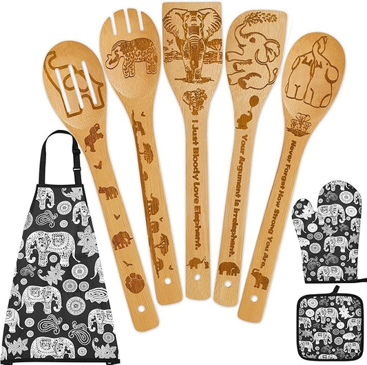 Elephant Gifts for Women,8pcs Elephants Bamboo Cooking Utensil Spoons with Apron Oven Mitt Potholder,Personalized Elefante Gift for Mom,Housewarming Kitchen Decor,Birthday Gifts (Black)