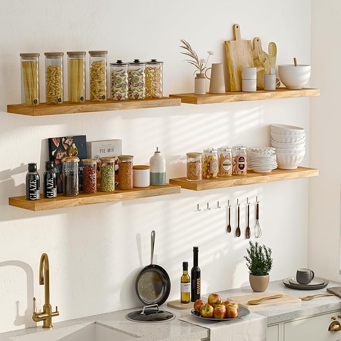 Fun Memories Rusitc Wood Floating Shelves, 36 Inch Floating Shelves for Wall, Wall-Mounted Wooden Shelves with Invisible Heavy-Duty Brackets for Books, Bathroom, Kitchen, Natural, 2 Pack