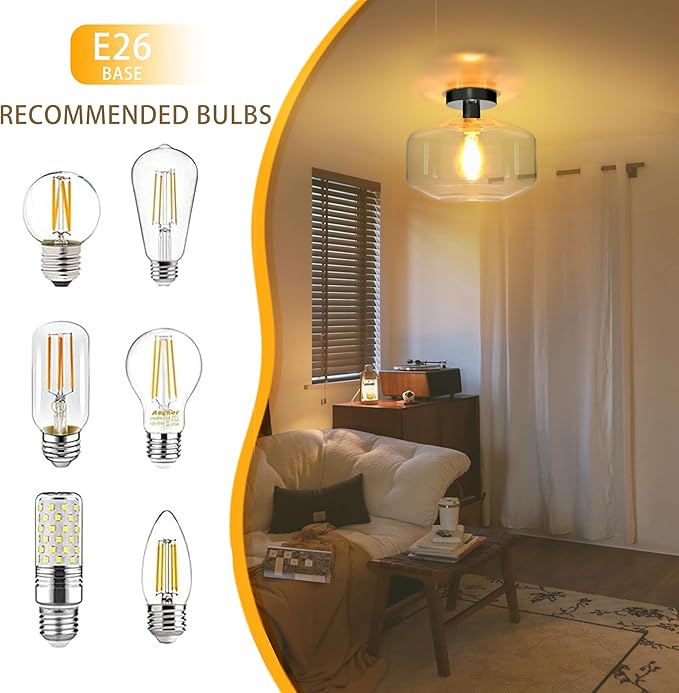 Semi Flush Mount Ceiling Lights, Industrial Ceiling Light, Glass Pendant Lamp Shade,11.8'' Inches Pendant Light Fixtures for Hallway, Entryway, Farmhouse, Kitchen (Black)