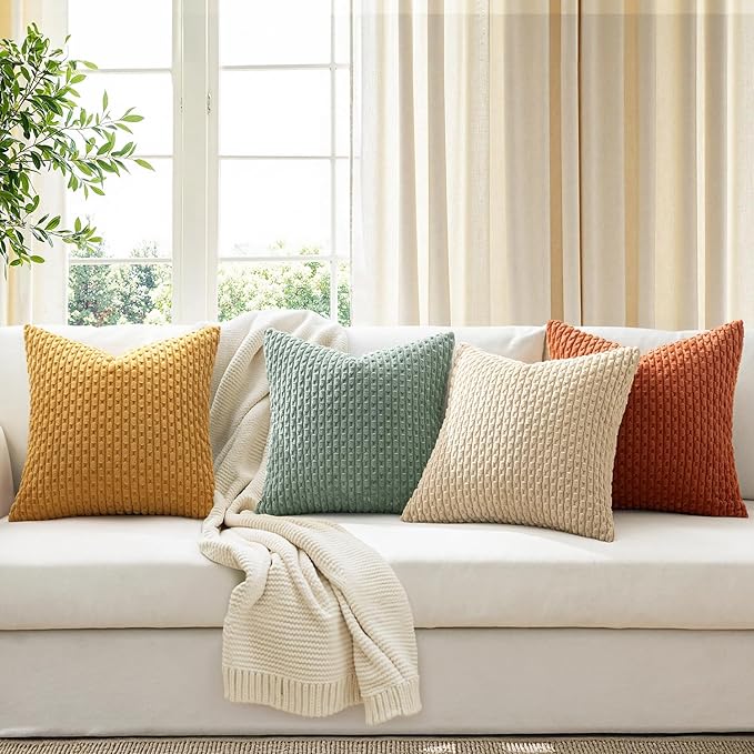 MIULEE Fall Throw Pillow Covers Soft Couch Decorative Set of 4 Boho Striped Cushion Covers Corduroy Pillowcases Farmhouse Accent Home Decor for Couch Bed Sofa Living Room 18x18 Inch Teal-Rust