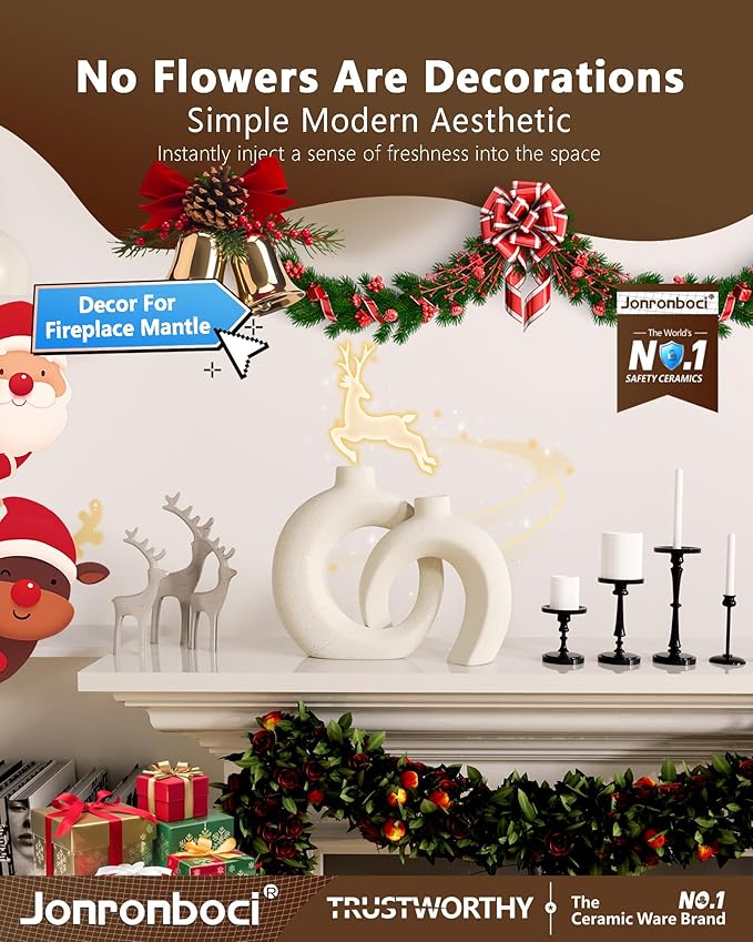 Beige Donut Vases for Decor, Set of 2 Modern Boho Decorative Ceramic Vase 7.2”x 8.9”H - Dining & Coffee Table Centerpiece - Bookshelf Entryway Console Fireplace Mantle Decorations (Matte Cream White)