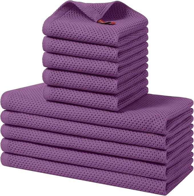 Homaxy 100% Cotton Kitchen Towels and Dishcloths Set, 12 x 12 Inches and 13 x 28 Inches, Set of 10 Bulk Kitchen Towels Set, Ultra Soft Absorbent Dish Cloths for Washing Dishes, Purple