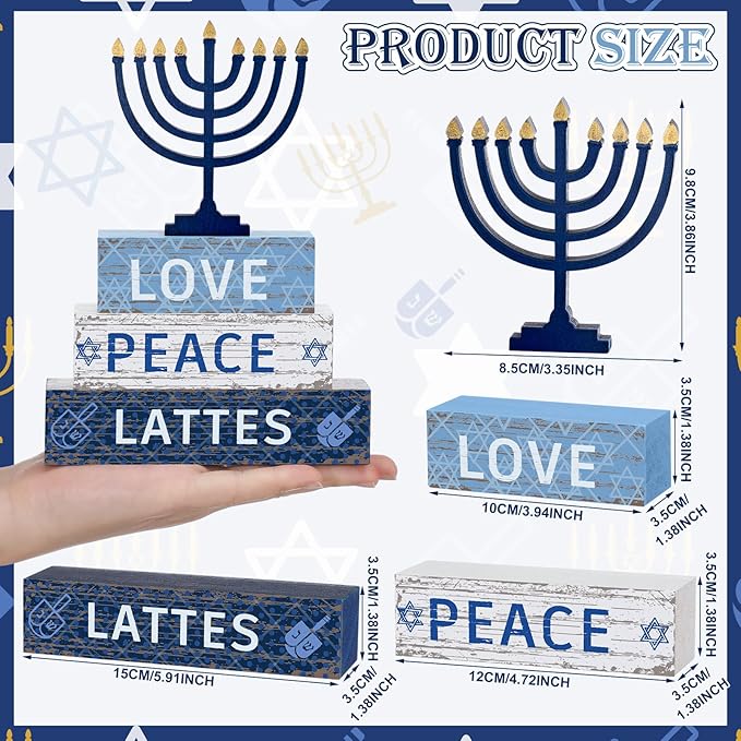 Geelin 4 Pcs Hanukkah Decorations for Home 3 Layered Wood Block with Dreidel Star of David Menorah Hanukkah Decor Blue and White Jewish Judaism Chanukah Decor for Mantel Tabletop Party