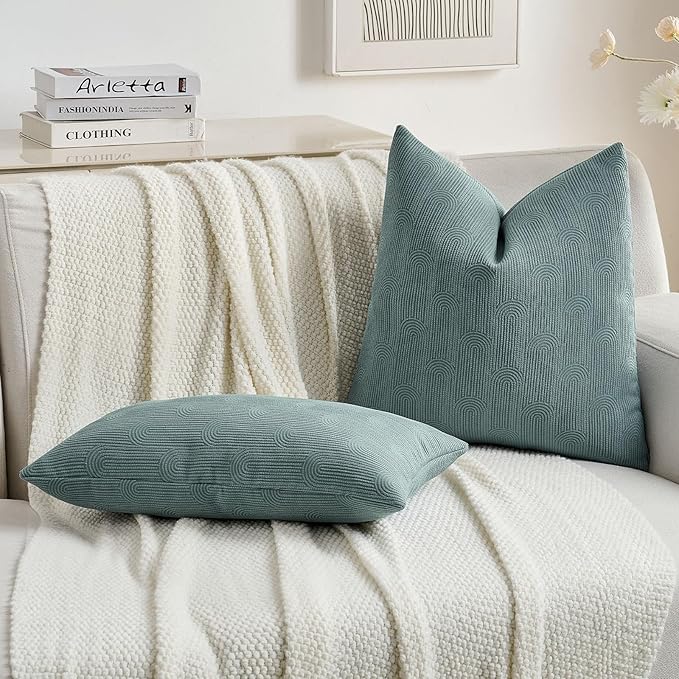 FUTEI Haze Blue Chenille Decorative Throw Pillow Covers 20x20 Inch Set of 2,Soft Cozy Striped Geometric Patterns Cushion Case,Modern Home Decor for Couch Bed Living Room