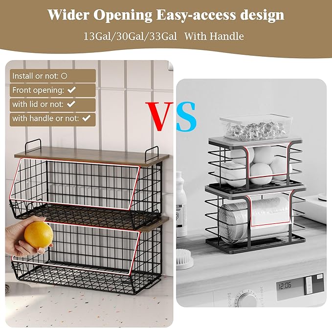 2 Pack Extra Large Kitchen Organizer Stackable Trash Bag Holder,Laundry Room Organizers Basket with Wood Top,Wall Mount Large Standard Garbage Bag Dispenser,Pantry Organizers,Under Sink Organization