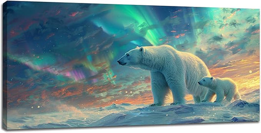 30x60 inch Large Polar Bear Wall Art White Polar Bear Pictures Wall Décor Aurora Canvas Print Painting Artwork Modern Home Decoration for Living Room Bedroom Office