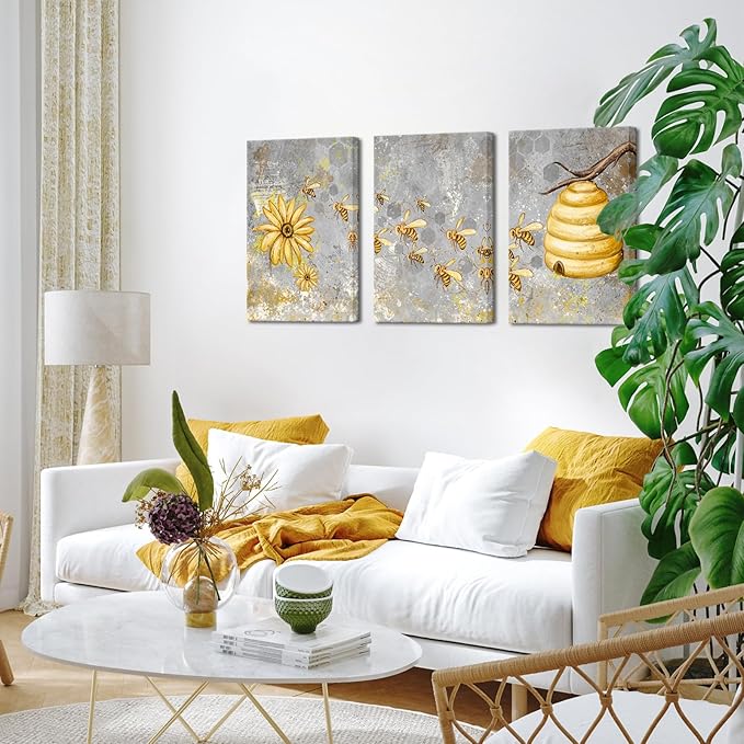 FuShvre Yellow and Grey Canvas Wall Art Honey Bee with Daisy Painting Prints Insect Pictures for Farmhouse Kitchen Decor Framed Ready to Hang 16"x24" Each (Medium, Grey)