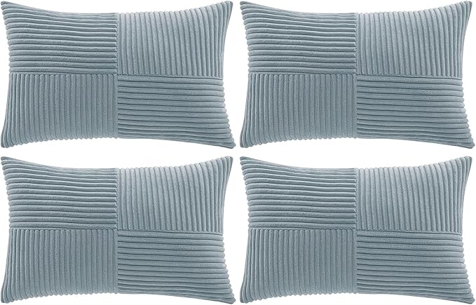 Fancy Homi Set of 4 Light Blue Lumbar Decorative Throw Pillow Covers 12x20 Inch for Living Room Bedroom Couch Bed Sofa, Soft Striped Corduroy Coastal Blue Rectangle Accent Cushion Case 30x50 cm