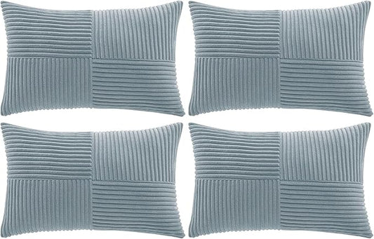 Fancy Homi Set of 4 Light Blue Lumbar Decorative Throw Pillow Covers 12x20 Inch for Living Room Bedroom Couch Bed Sofa, Soft Striped Corduroy Coastal Blue Rectangle Accent Cushion Case 30x50 cm