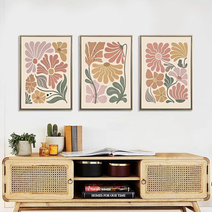 WRFON Boho Abstract Floral Canvas Wall Art, Flower Market Poster Prints, Minimalist Vibrant Botanical Aesthetic Pictures, Modern Nature Plant Wall Decor for Living Room Bedroom Framed 16"x24"x3