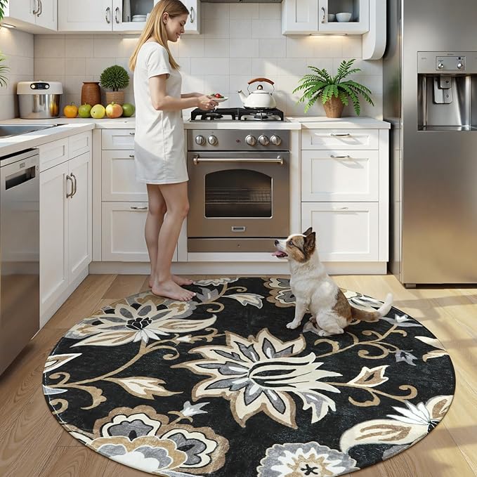 Lahome Floral Black Round Area Rug - 5Ft Washable Ultra-Thin Soft Bedroom Rug, Non-Slip Stain Resistant Circle Rug for Living Room, Office, Dining Room, Paisley Print Accent Carpet