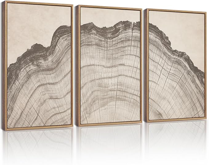 KUVIOKE Boho Vintage Antique Tree Wall Art Framed Neutral Retro Tree Rings Wood Prints Rustic Nature Illustrations Bedroom Living Room 11x14in (Natural Framed)