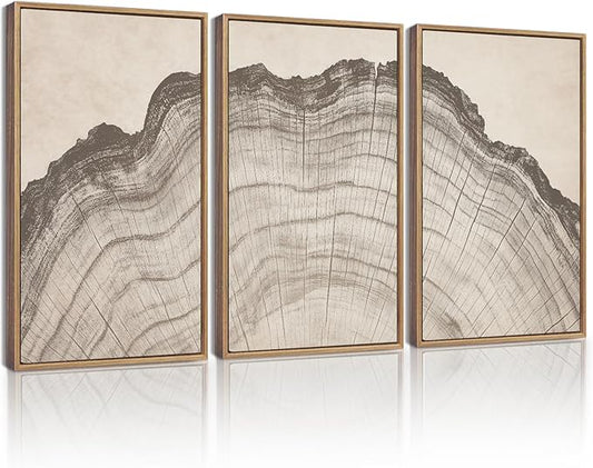 KUVIOKE Boho Vintage Antique Tree Wall Art Framed Neutral Retro Tree Rings Wood Prints Rustic Nature Illustrations Bedroom Living Room 11x14in (Natural Framed)