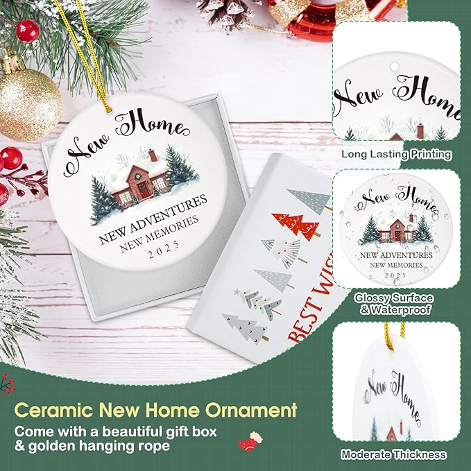 D4DREAM New House Ornament 2025-3'' Ceramic New Home House Warming Gift Christmas Ornament for Women Couple Homeowner Gift Ideas Christmas Tree Hanging Decorations for Home Car