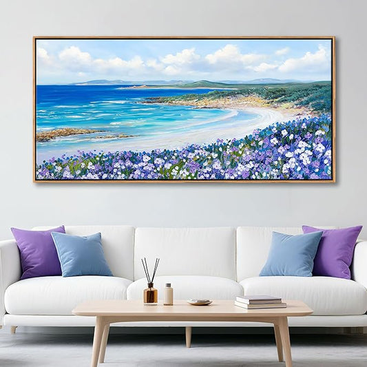 Mofutinpo Coastal Beach Wall Art,Large Purple Flower Landscape Canvas Wall Art for Living Room & Bedroom Decor, Framed Blue Beach Pictures & Paintings for Walls,Ocean Artwork for Home & Office 29x58IN
