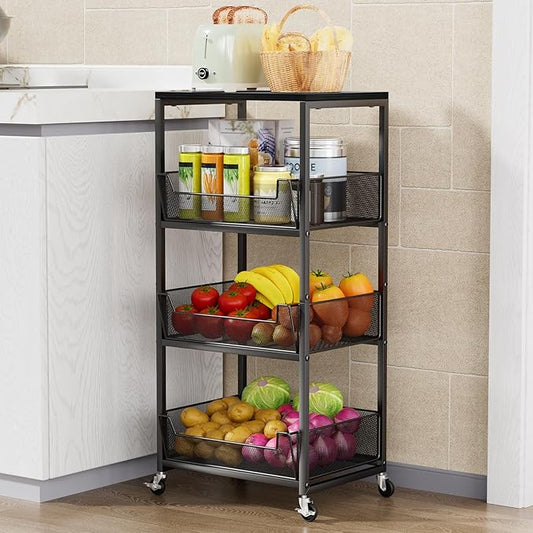 HapiRm Fruit Basket Kitchen Cart - 4-Tier Rolling Storage Cart with Wheels, Fruit Vegetable Basket with Wood Top, Pantry Utility Kitchen Organizer for Fruit Potato Onion Vegetable Bread Snack