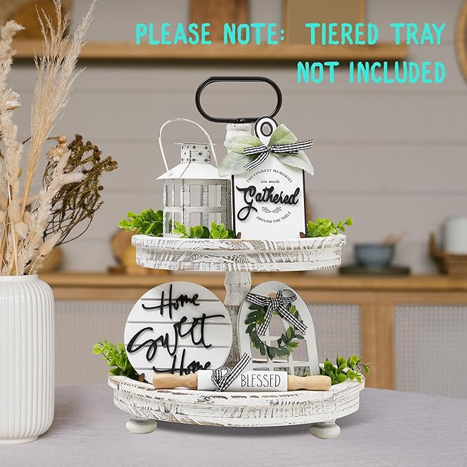 Houmury Set of 16 Farmhouse Tiered Tray Decor with 1 Lantern Artificial Plant& Cutting Board Sign for Rustic Home Kitchen Decor Tier Tray Decor Set (Tiered Tray Not Included)