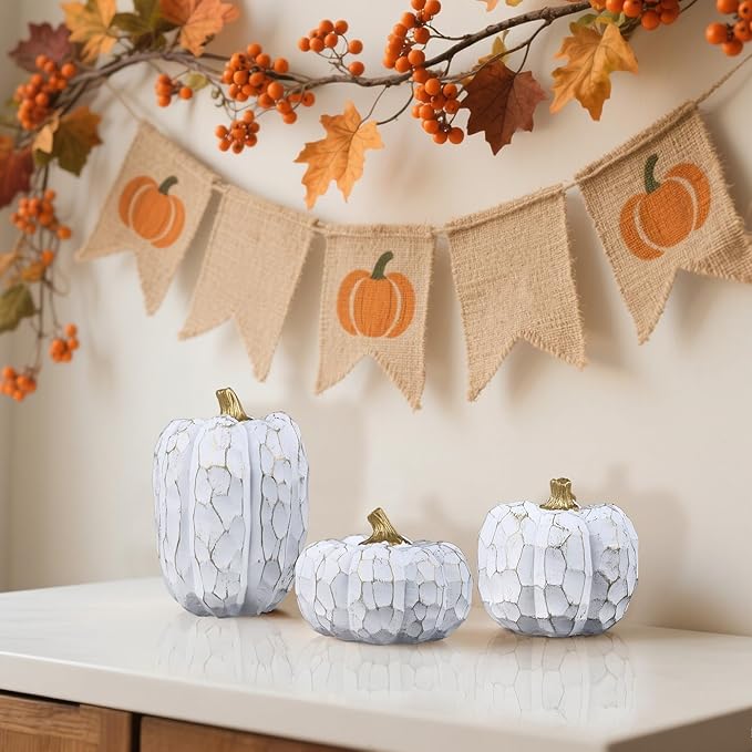 winemana Pumpkins Fall Decorations for Home- Set of 3 Elegant White Pumpkin Resin Thanksgiving Centerpiece for Table, Mantel, Porch & Indoor, Textured Neutral Farmhouse Autumn Harvest Decor (White)