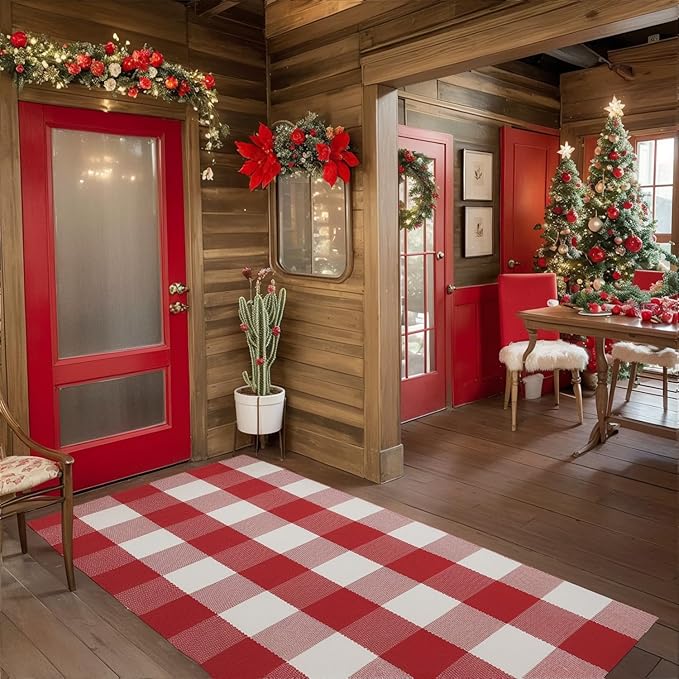 SEEKSEE Cotton Buffalo Plaid Rug 24"x52" Red and White Checked Rug Washable Doormats Indoor Outdoor Rugs for Layered Front Door Mats, Porch, Kitchen, Farmhouse, Entryway