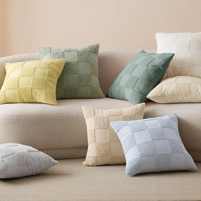 Double Stitch 100% Cotton Throw Pillow Covers - Checkered Tufted Boho Decorative Pillow Covers 20x20, Made in India, Square Cushion Case, Modern Home Decor for Couch, Sofa, Living Room, Lemon Yellow