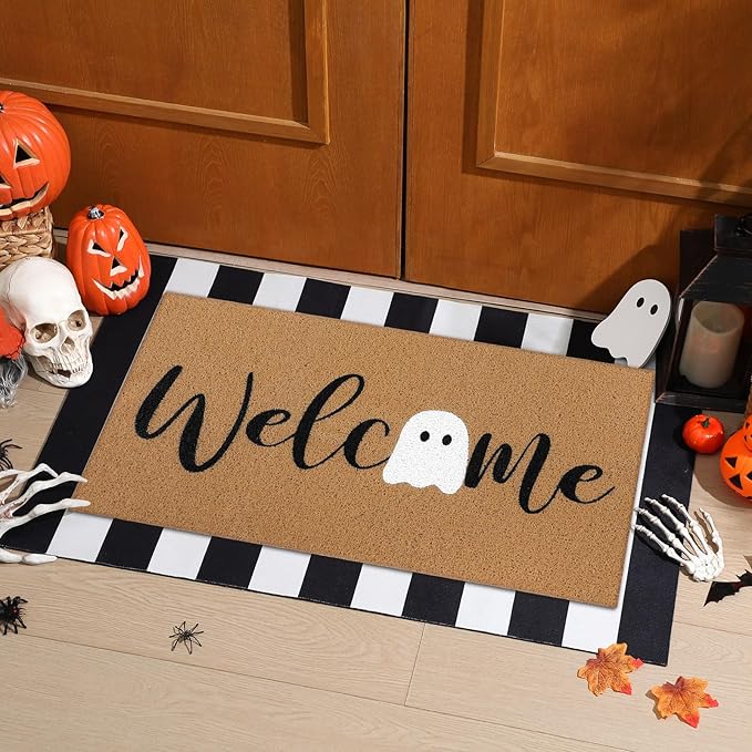 2 Pcs Halloween Door Mat Ghost Welcome Non Slip Coir Mats Cute Black White Stripe Floor Layering Doormats Seasonal for Front Porch Entryway Decor(White Ghost)