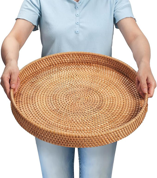 Rattan Large Serving Tray, Wicker Round Fruit/Bread Serving Basket, Extra Large Decorative Ottoman Tray for Living Room, Coffee Table, Breakfast, 16.9 inch
