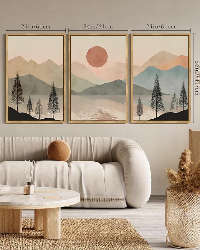 KUVIOKE Vintage Landscape Framed Wall Art Mountain Range Wall Decor Ink Wash Watercolor Nature Laker Sun Rises Prints Bedroom Living Dining Room Ready to Hang 24x36in (Natural Framed)