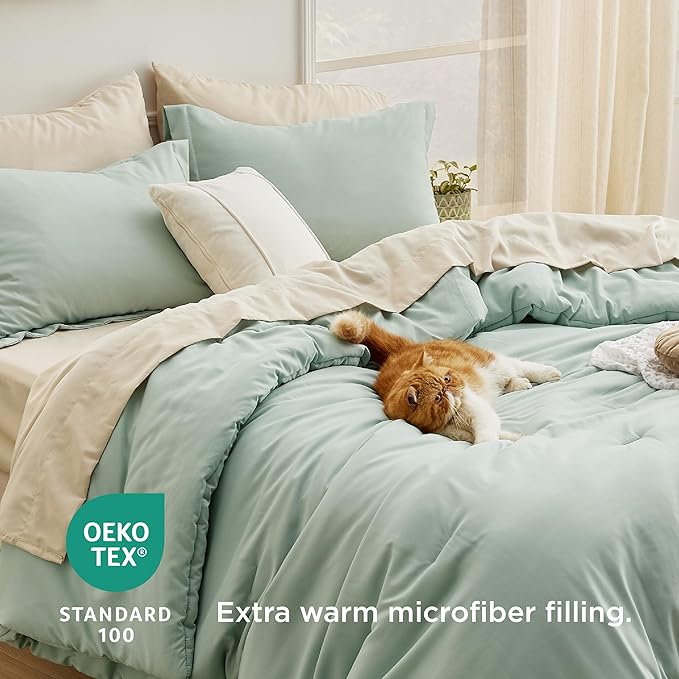 Bedsure California King Comforter Set Sage Green, 7 Pieces Soft Comforter for Cal King Size Bed with Sheets, Pillowcases & Shams, All Season Boho California King Size Bed in a Bag
