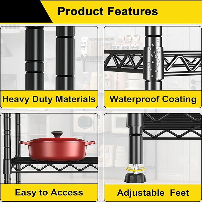 GIOTORENT 7-Wire Garage Shelving Storage Shelves, Kitchen Storage Adjustable Shelf, Metal Shelves 1400Lbs Capacity 24" W x 14" D x 71.6" H for Laundry Bathroom Pantry Closet, Black