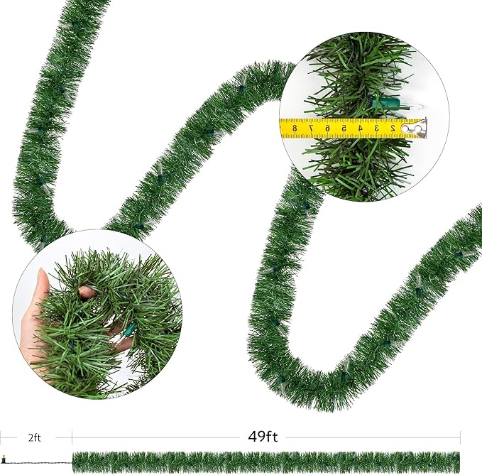 WATERGLIDE 49FT Lighted Christmas Green Garland with 100 Count Clear String Lights, Pre-lit Long Artificial Greenery Garlands, Plug in Holiday Decorative Lights for Indoor Outdoor Decor