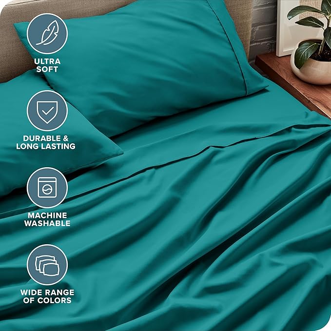 Bare Home Twin Sheet Set - 1800 Ultra-Soft Microfiber Twin Bed Sheets - Double Brushed - Deep Pockets - Easy Fit - Extra Soft - 3 Piece Set - Bedding Sheets & Pillowcases (Twin, Emerald)