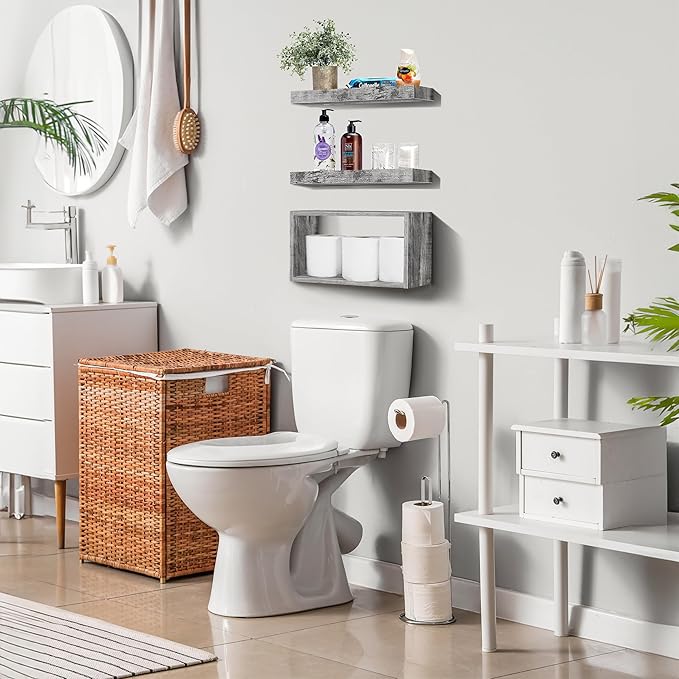 Sorbus Floating Shelves for Wall Set of 3 - Bathroom Shelves for Wall Storage, Over Toilet, Bedroom, Farmhouse, Decor - 2 Floating Shelves with Invisible Brackets & 1 Rectangular Box, Grey