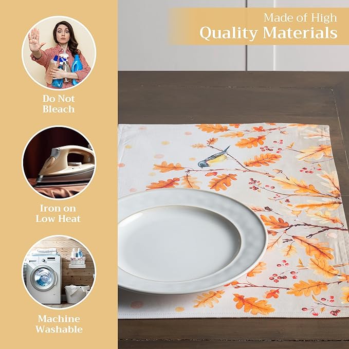 Maison d' Hermine Placemats Set of 4 100% Cotton Washable Cloth Place Mats, Reusable Table Mats for Kitchen Dining Decoration, Party, Wedding, Restaurant (Oak Leaves, 13" x 19")