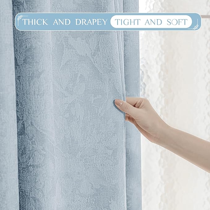 Beauoop Blue Floral Jacquard Blackout Curtains 63 Inches Long 2 Panels for Bedroom Living Room Chenille Flower Room Darkening Thermal Insulated Soundproof Rod Pocket Back Tab Window Drapes, 52x63