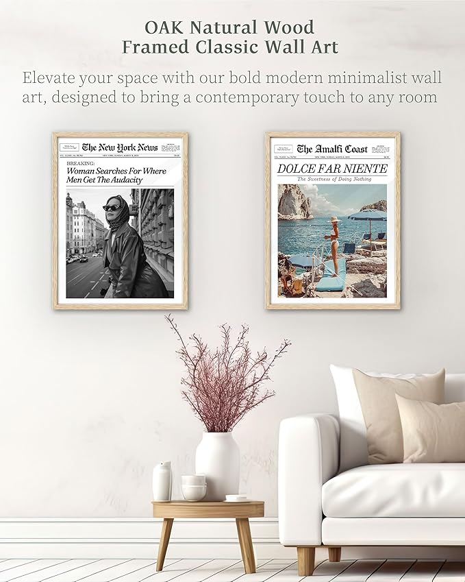 iHery Natural OAK Wood Newspaper Trendy Framed Wall Art, 12x16 in Dolce Far Niente Vintage Headline Canvas Print, La Dolce Vita Italian Summer Wall Art Beige Frame Logs, Home Décor Living Set of 1