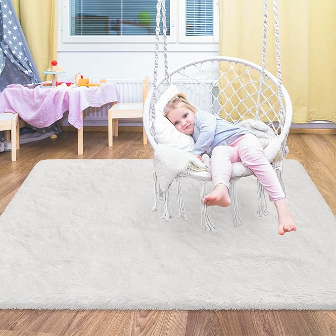 Small Area Rug for Bedroom 3x5ft Mini White Fluffy Rug Mat Bedside Throw Rug for Kids Room Boys Teens Nursery Baby Dorm Living Room Home Decor Aesthetic Carpets