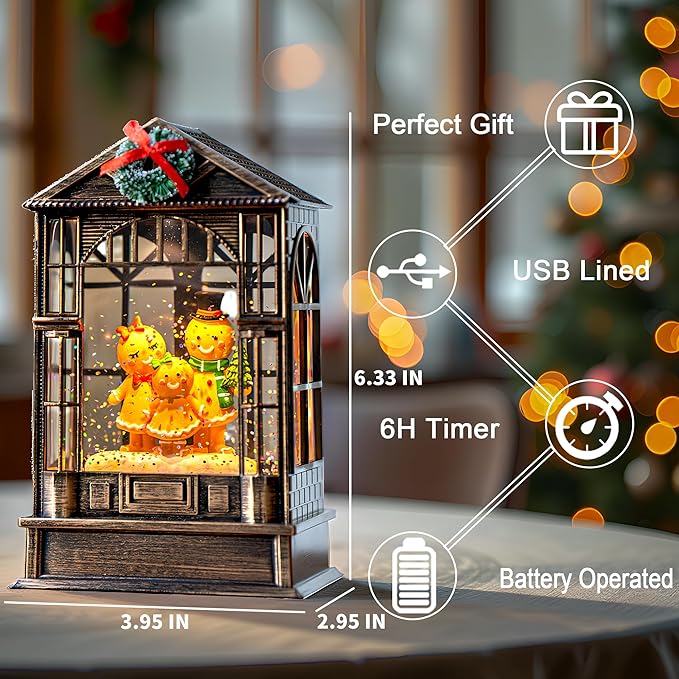 Christmas Snow Globe, Lighted Gingerbread Man Family Scene, Musical Snow Water Lantern Swirling Glittering Holiday Decoration and Gift for Family Children or Friends