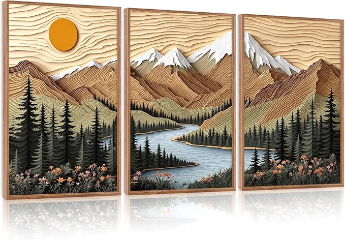 CHDITB Mountain Landscape Framed Canvas Wall Art Set, Forest Nature Wall Decor, Lake Pine Trees Artwork Country Woodcut Painting, Vintage Wilderness Art Prints For Living Room Bedroom Office 24"x36"x3