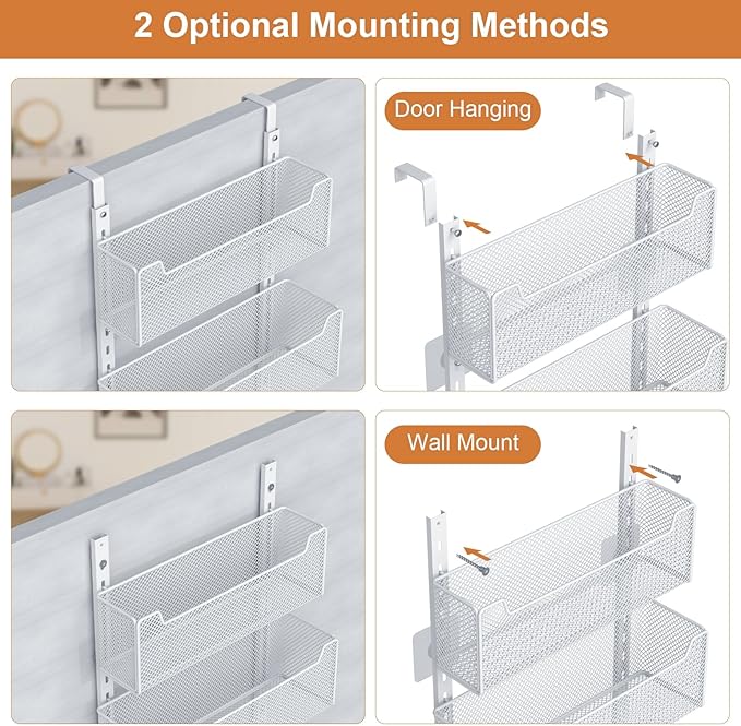 Over The Door Organizer, Metal Door Organizer Hanging with 5 Adjustable Baskets and Coat Hook, Behind The Door Storage for Bedroom Closet Bathroom Pantry Cabinet Kitchen, White