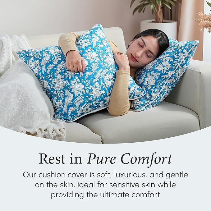 CPC 100% Cotton Throw Pillow Covers 18x18 Inch, Set of 2 Blue Block Print Pattern Couch Pillow, Cute Boho Decorative Pillows for Living Room, Bedroom with Hidden Zipper- Blue Sapphire