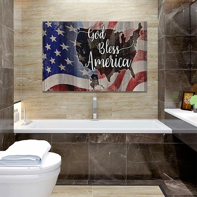 Large American Flag and USA Map Wall Art Rustic United States Map Pictures Wall Decor God Bless America Canvas Painting Print Home Decor Artwork Framed for Living Room Bathroom Master Bedroom 24"x16"